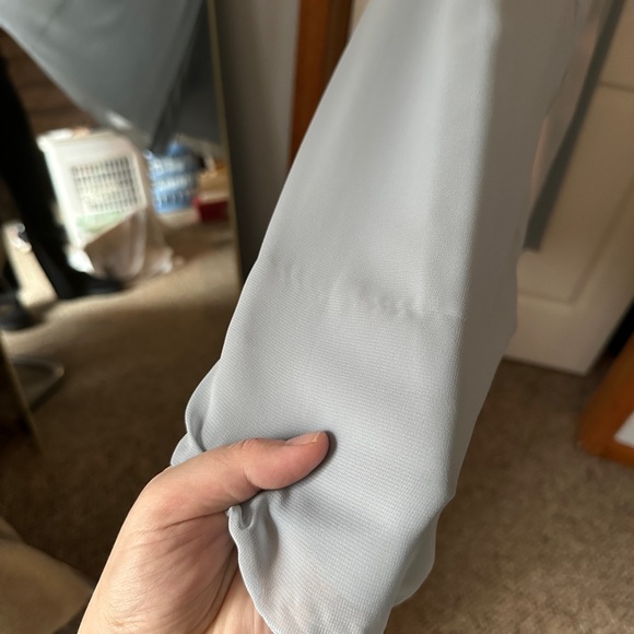 David’s Bridal Dusty Blue Cowl Neck Chiffon Dress - Picture 3 of 7